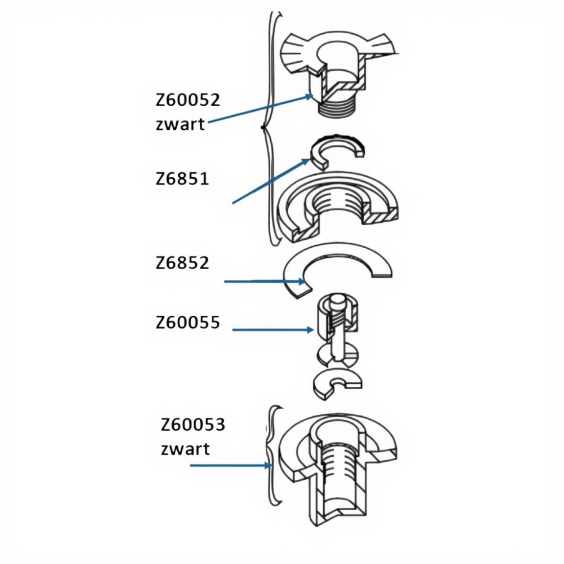 Zodiac Online Shop Z6851 technisch diagram van Zodiac en Bombard halfverzonken ventiel onderdelen inclusief Z6851 pakking